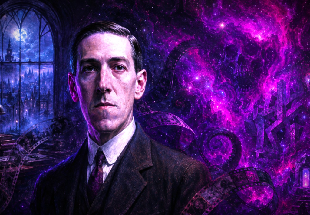 Portrait of H.P. Lovecraft surrounded by purple cosmic horror, tentacles, film strips, and impossible ruins