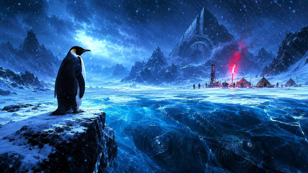 An emperor penguin watches a polar expedition drilling above an ancient creature beneath Antarctic ice
