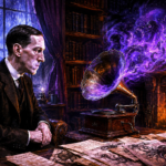 H.P. Lovecraft listening to cosmic horror stories on a gramophone in a rainy study