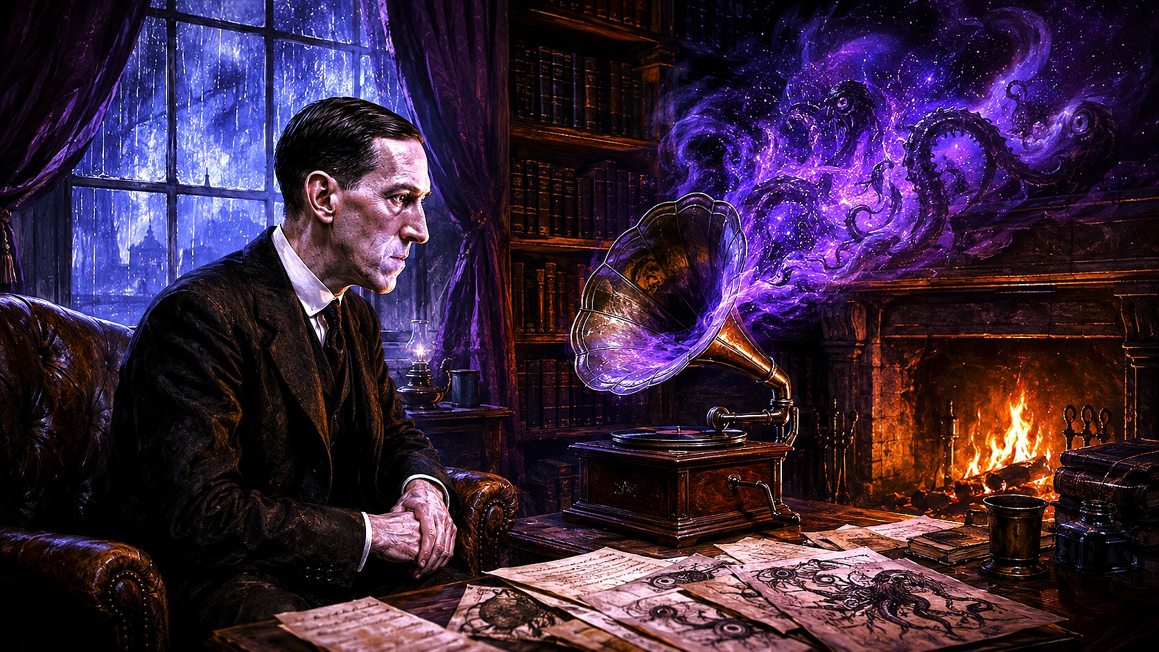 H.P. Lovecraft listening to cosmic horror stories on a gramophone in a rainy study